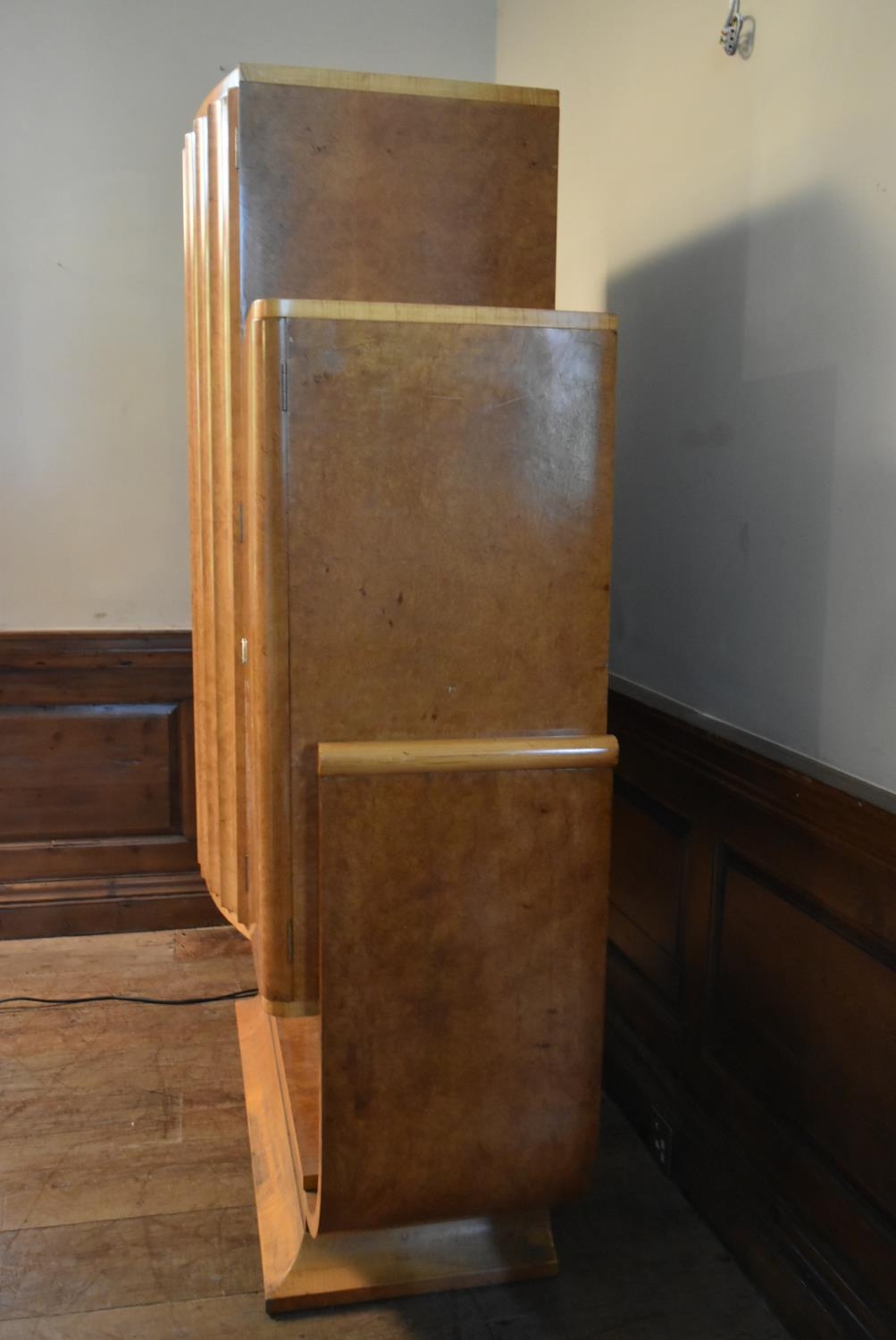 An Art Deco burr walnut cocktail cabinet with ribbed central panel doors enclosing glazed and lit - Image 22 of 23