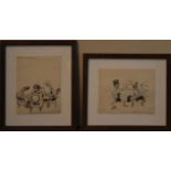 A framed and glazed French ink cartoon and another similar, both inscribed. H.42 W.36cm (tallest) (