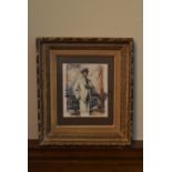 A framed and glazed watercolour study of a man standing on the deck of a sailing ship holding