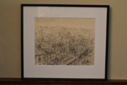 Jean-Pierre Lachaux, a framed and glazed pencil sketch, Paris across rooftops, signed and dated