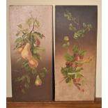 A pair of 19th century oil paintings on metal panels, strawberries and pears on the branch. H.60 W.