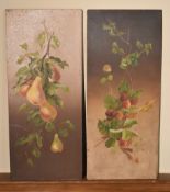 A pair of 19th century oil paintings on metal panels, strawberries and pears on the branch. H.60 W.