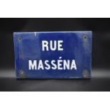 A vintage French ceramic street sign for Rue Massena. H.29 W.48cm