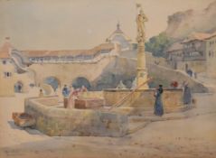 Ernest George (1839-1922), a watercolour, village scene, Fribourg, signed H.45 W.57cm.