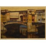 A gilt framed and glazed oil on card, Ponte Vecchio, indistinctly signed and dated. H.45 W.55cm