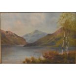 A late 19th century gilt framed oil on canvas, lake scene. H.63cm W.83cm (damaged as photographed).