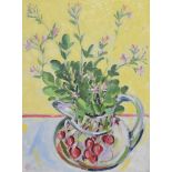 A framed oil on canvas, modernist style still life flowers in a large painted jug, monogrammed EB