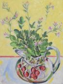 A framed oil on canvas, modernist style still life flowers in a large painted jug, monogrammed EB