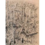 Jean-Pierre Lachaux, a framed and glazed pencil sketch, Paris across rooftops, signed and dated