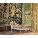 An oak framed and glazed watercolour, woman reading on a chaise in a grand interior, unsigned. H.