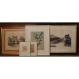 A signed 19th century etching, a print of birds signed and numbered Edwin Perry, a framed pencil
