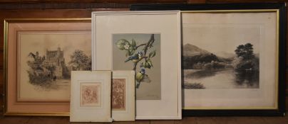 A signed 19th century etching, a print of birds signed and numbered Edwin Perry, a framed pencil