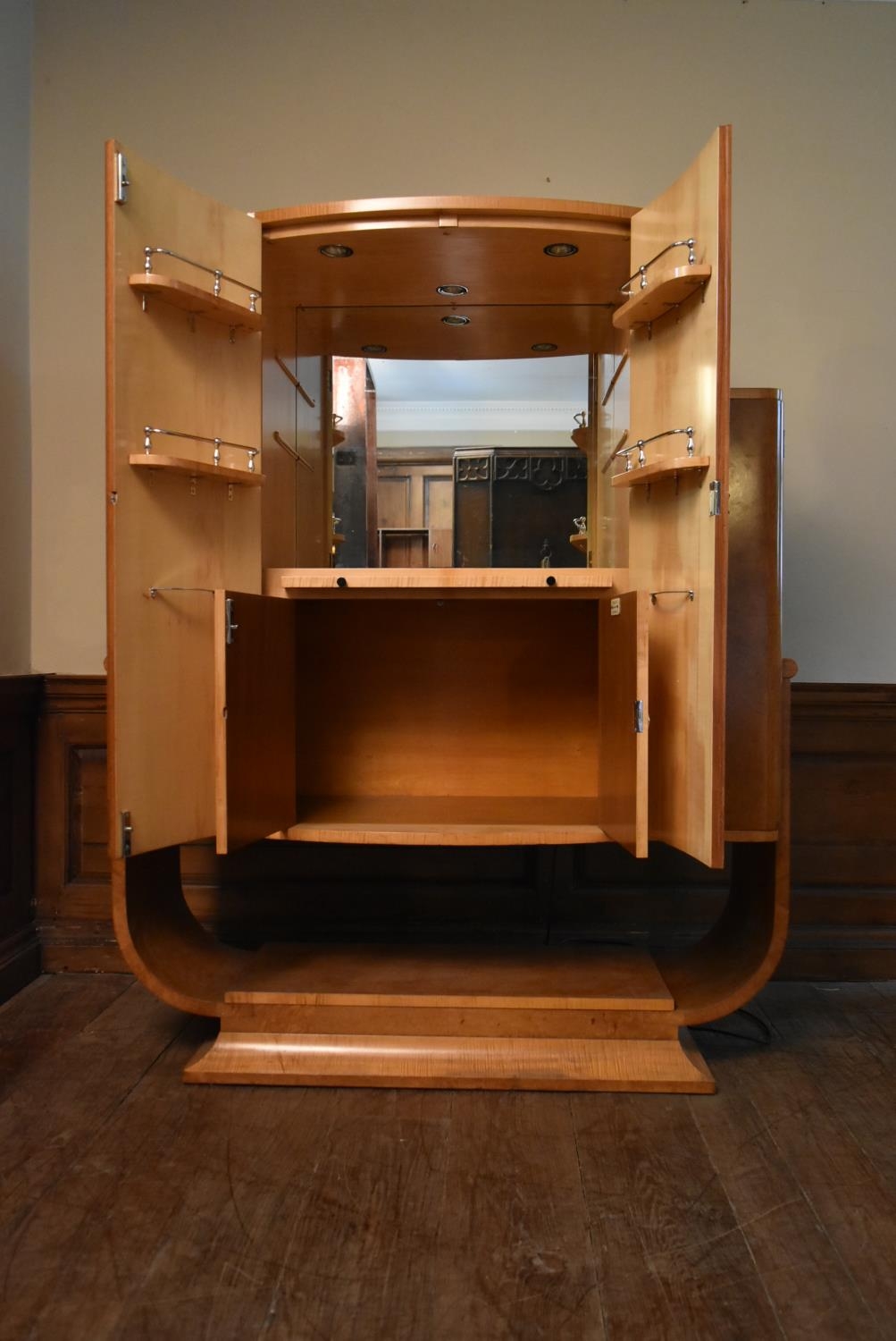 An Art Deco burr walnut cocktail cabinet with ribbed central panel doors enclosing glazed and lit - Image 8 of 23