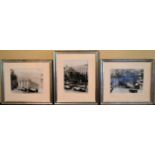Three framed and glazed photographic copies of mid century Monaco Grand Prix featuring Fangio, Jim