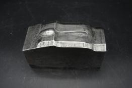 An antique solid steel tea spoon mold. Manufacturing details and numbers to end. H.10 W.14cm