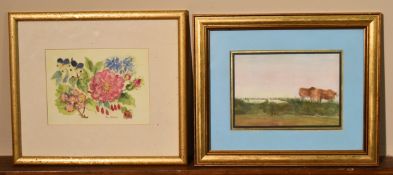A framed and glazed watercolour, still life flowers, signed and a watercolour of cattle on farmland.