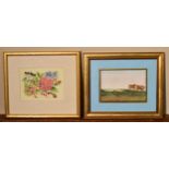 A framed and glazed watercolour, still life flowers, signed and a watercolour of cattle on farmland.