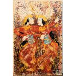 An unframed oil on canvas, dancing couple in traditional dress, indistinctly signed. H.60 W.40cm