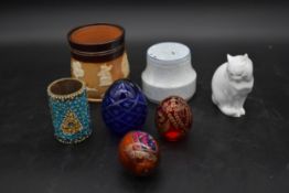 A Lambeth Doulton tobacco jar and various other items of ceramics and glass. H.12 W.10cm