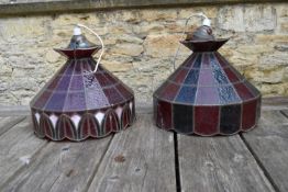 A coloured leaded glass ceiling pendant light shade and another similar shade. H.38 Dia.44cm