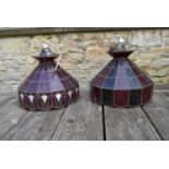 A coloured leaded glass ceiling pendant light shade and another similar shade. H.38 Dia.44cm