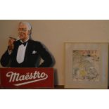 A pastel sketch of a cafe scene and a vintage advertising stand for Maestro cigars. H.44 W.37cm (2)