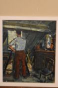 An oil on panel. artist at work in his studio, signed Kiverschooten. H.45 W.39cm