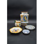 A Majolica tobacco jar, other similar items and a small Russian dish. H.29 W.20cm (large vase)