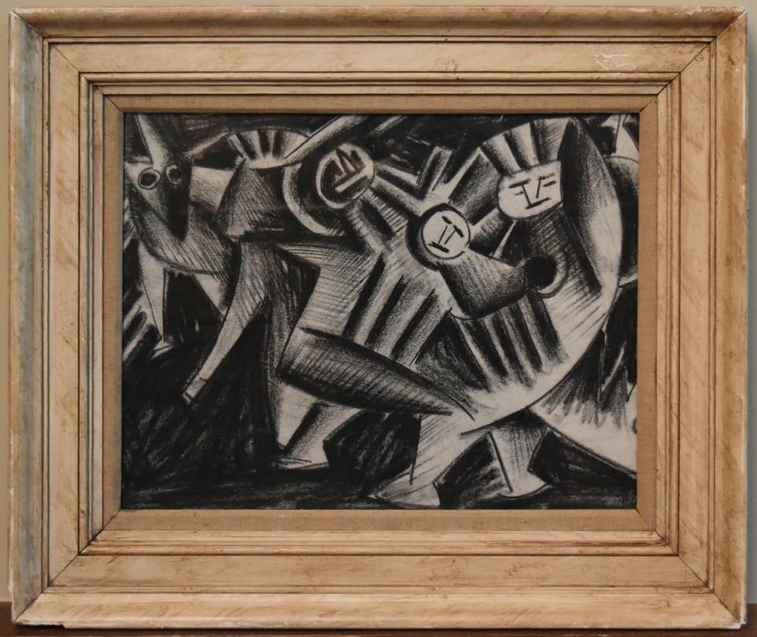 A framed and glazed crayon study on paper, abstract figural composition, unsigned. H.50 W.60cm - Image 2 of 5