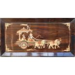 An inlaid Eastern rosewood panel depicting a couple in a ceremonial carriage in a rosewood frame.