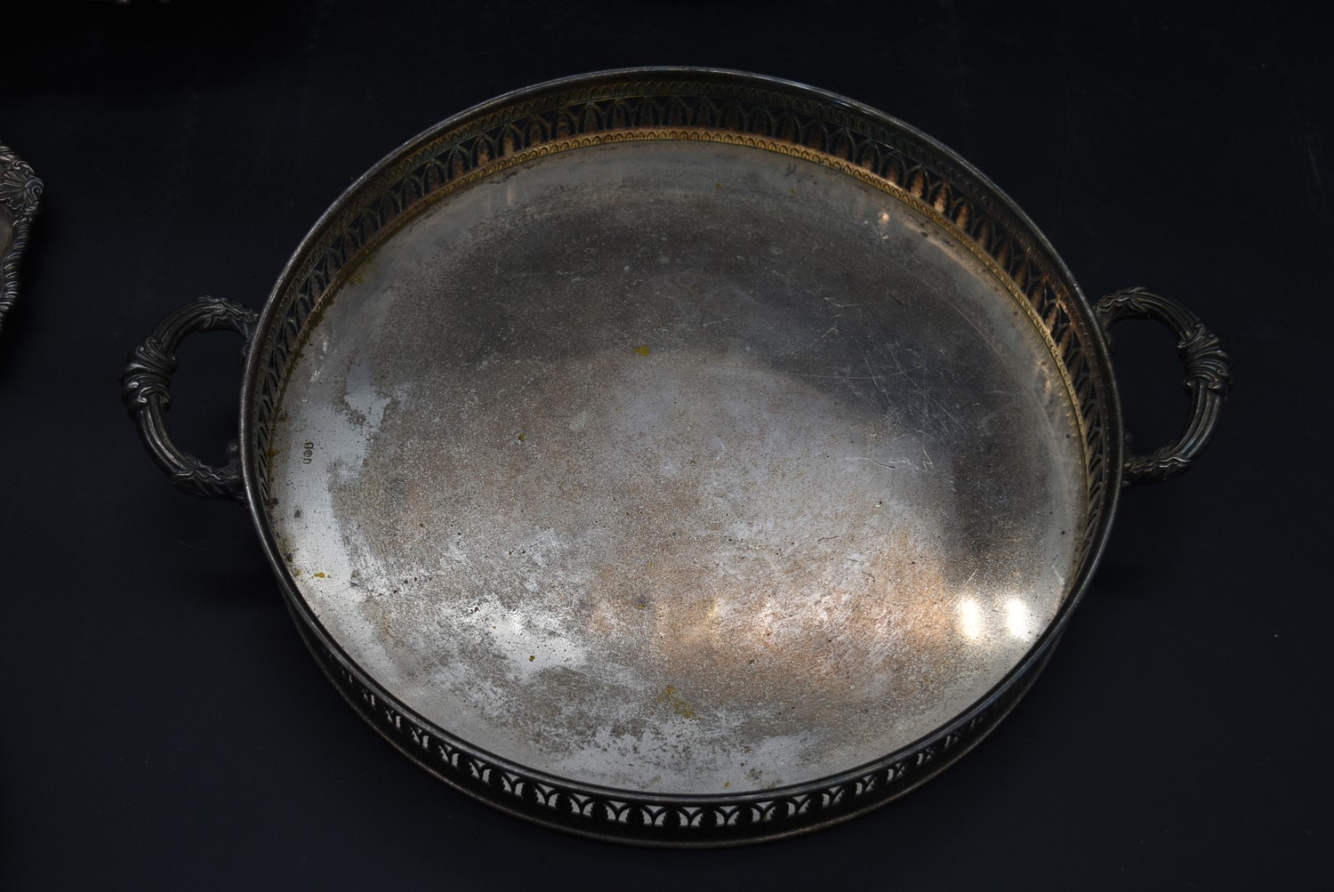 A silver plated twin handled galleried tray, a silver plated bread board and three other silver - Image 2 of 7