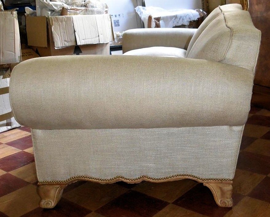 A three seater sofa with shaped back and apron upholstered in piped and studded calico on carved - Image 3 of 7