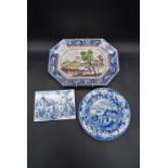 A hand painted Portuguese serving dish, a blue and white Chinese style plate and a Delft style