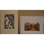 Eddy Varekamp, a limited edition signed etching, street scene and a print of Rome across rooftops,