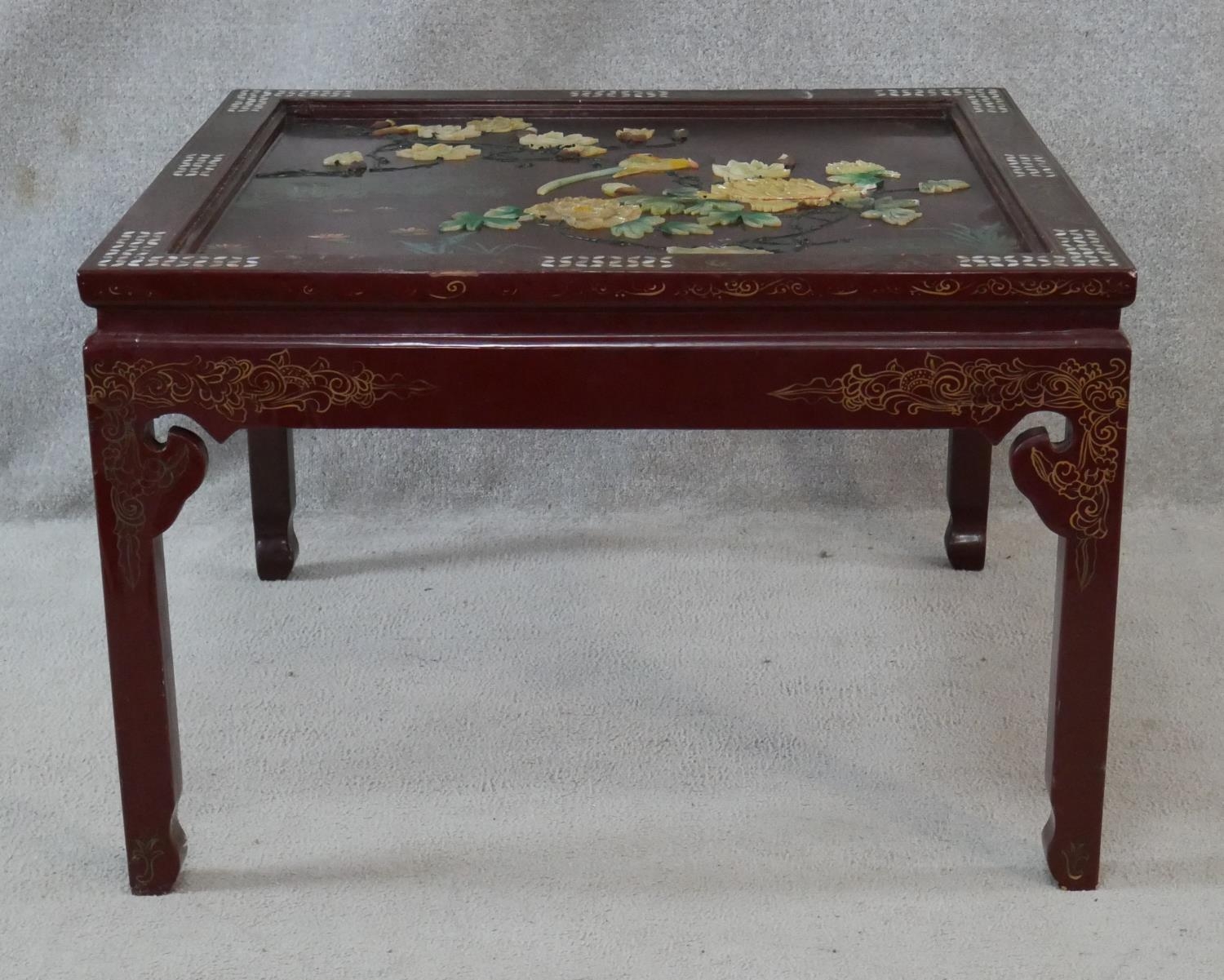 A Chinese black lacquered coffee table with bevelled plate glass drop in top, applied bird and - Image 2 of 8