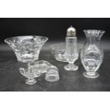 A miscellaneous collection of glass to include bowls, vases, a shaker, etc. H.12 W.25cm (largest