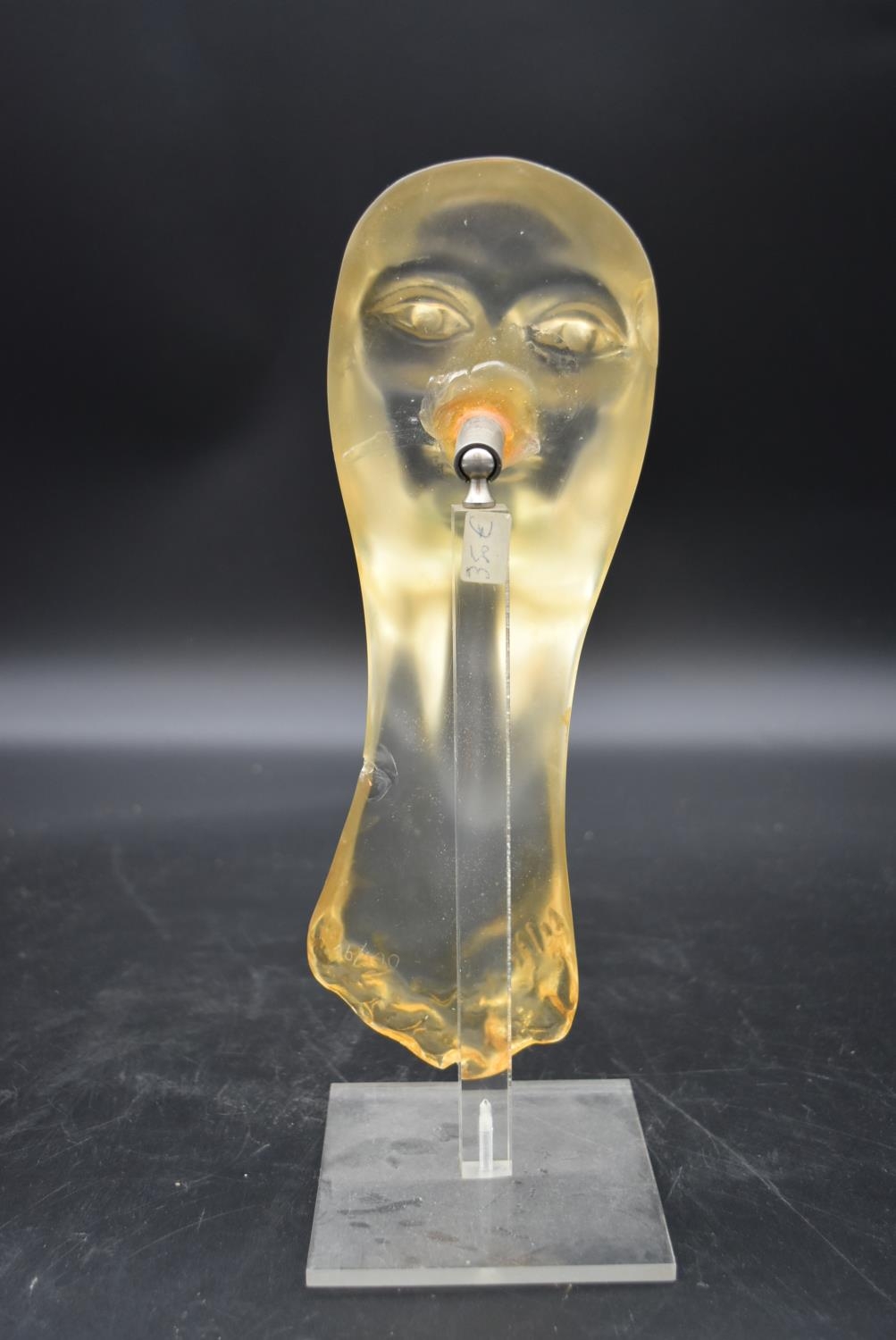 A limited edition perspex mask on hinged stand, indistinctly signed, edition 16/100. H.31 W.10cm - Image 2 of 9