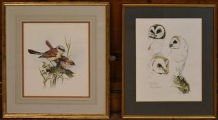 A framed and glazed limited edition etching, barn owls, indistinctly signed and numbered 93/200