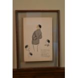 A ink wash sketch of a posturing gentleman, indistinctly signed and inscribed, framed in clear