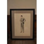 A large framed and glazed watercolour sketch, fashion study, indistinctly signed. H.94 W.73cm