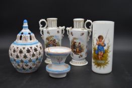 A pair of Continental style vases, a white glass cylindrical vase and an Eastern candleshade on