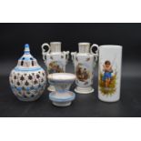 A pair of Continental style vases, a white glass cylindrical vase and an Eastern candleshade on