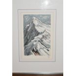A framed and glazed crayon and watercolour, a rocky mountain, monogrammed. H.46 W.36cm