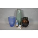 Two Art pottery ceramic vases (one French), a hair bell blue and while marbled Art Glass vase and