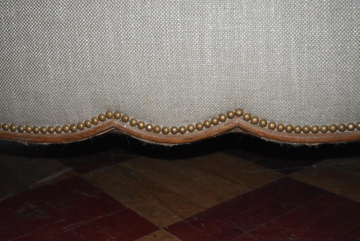 A three seater sofa with shaped back and apron upholstered in piped and studded calico on carved - Image 6 of 7
