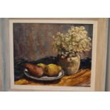 A framed oil on board, still life flowers and fruit, unsigned. H.54 W.64cm