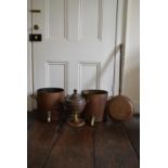 Two vintage copper and brass hot water urns and a similar lidded tea urn. H.28 Dia.41cm