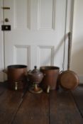 Two vintage copper and brass hot water urns and a similar lidded tea urn. H.28 Dia.41cm