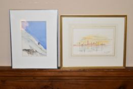 Gerry Goldwyre, watercolour, Venice lagoon, signed and another of an alpine skier by the same