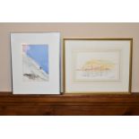 Gerry Goldwyre, watercolour, Venice lagoon, signed and another of an alpine skier by the same